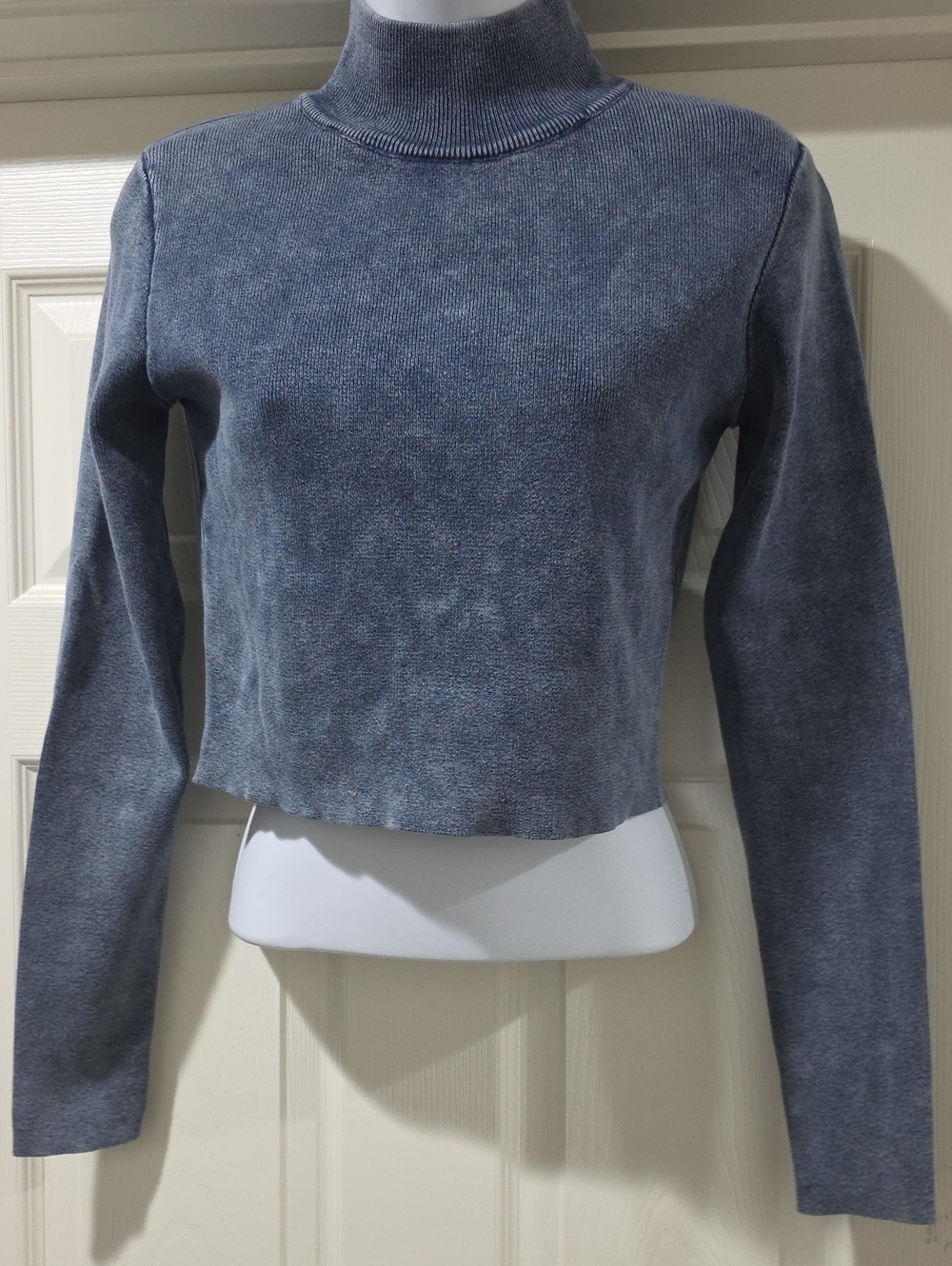 Zara Washed Slate Blue Cropped Mock Neck Long-Sleeve Top